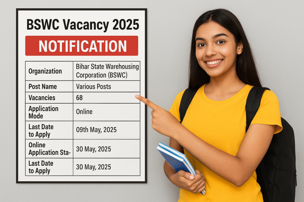 A smiling young South Asian female student wearing a yellow T-shirt and backpack is pointing at a BSWC Vacancy 2025 notification board that highlights job details such as total vacancies, application dates, and mode of application.