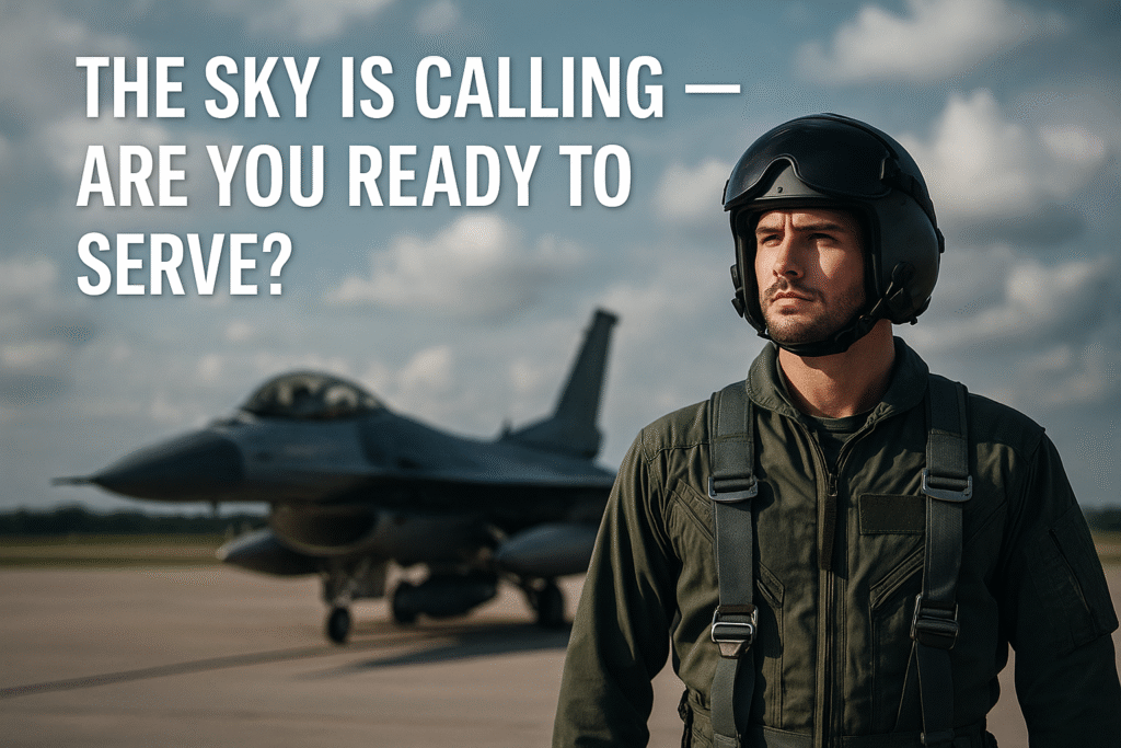 "Indian Air Force pilot in flight suit standing near a fighter jet with the text 'Are you ready to serve your country as a pilot?